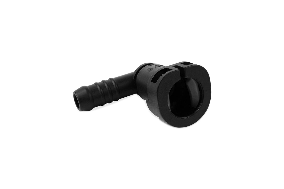 3/8" Hose Barb to M10 (9.89mm) Female Quick Connect, 90-Degree, Single Button