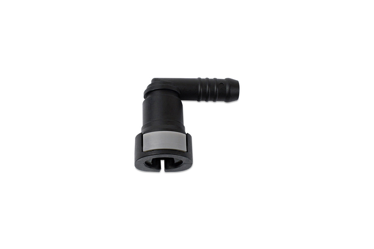 3/8" Hose Barb to M10 (9.89mm) Female Quick Connect, 90-Degree, Single Button